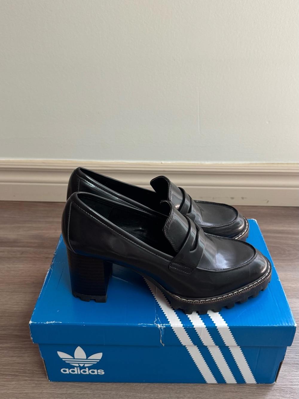 H&M Black Heeled Patent Penny Loafers with Lug Sole - Picture 2 of 6